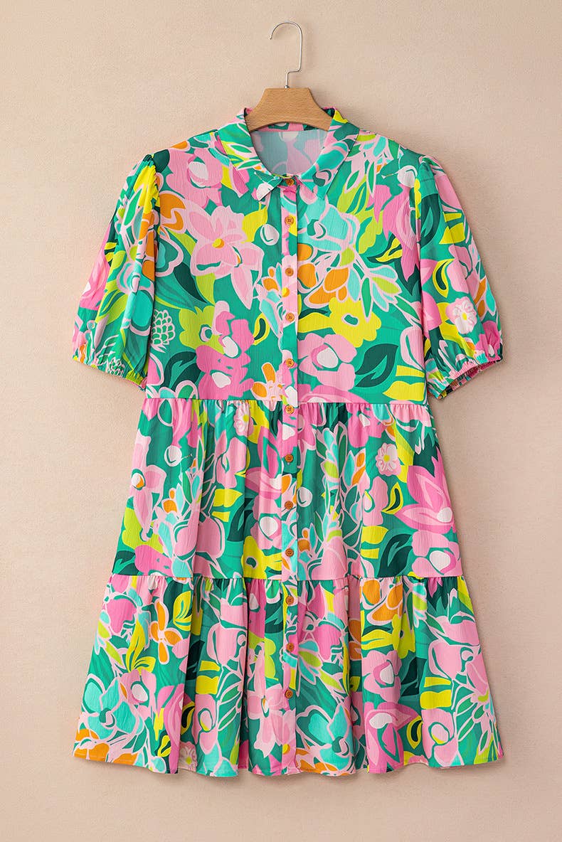 Floral printed puffed-sleeve loose short dress