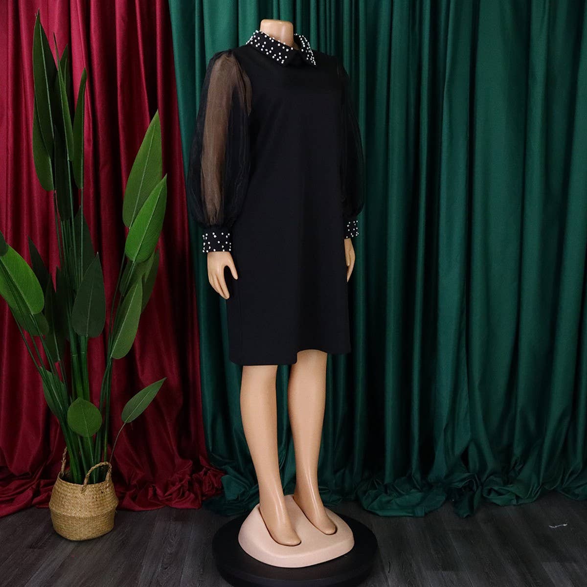 MESH STITCHING BEADED LOOSE PLUS SIZE DRESS