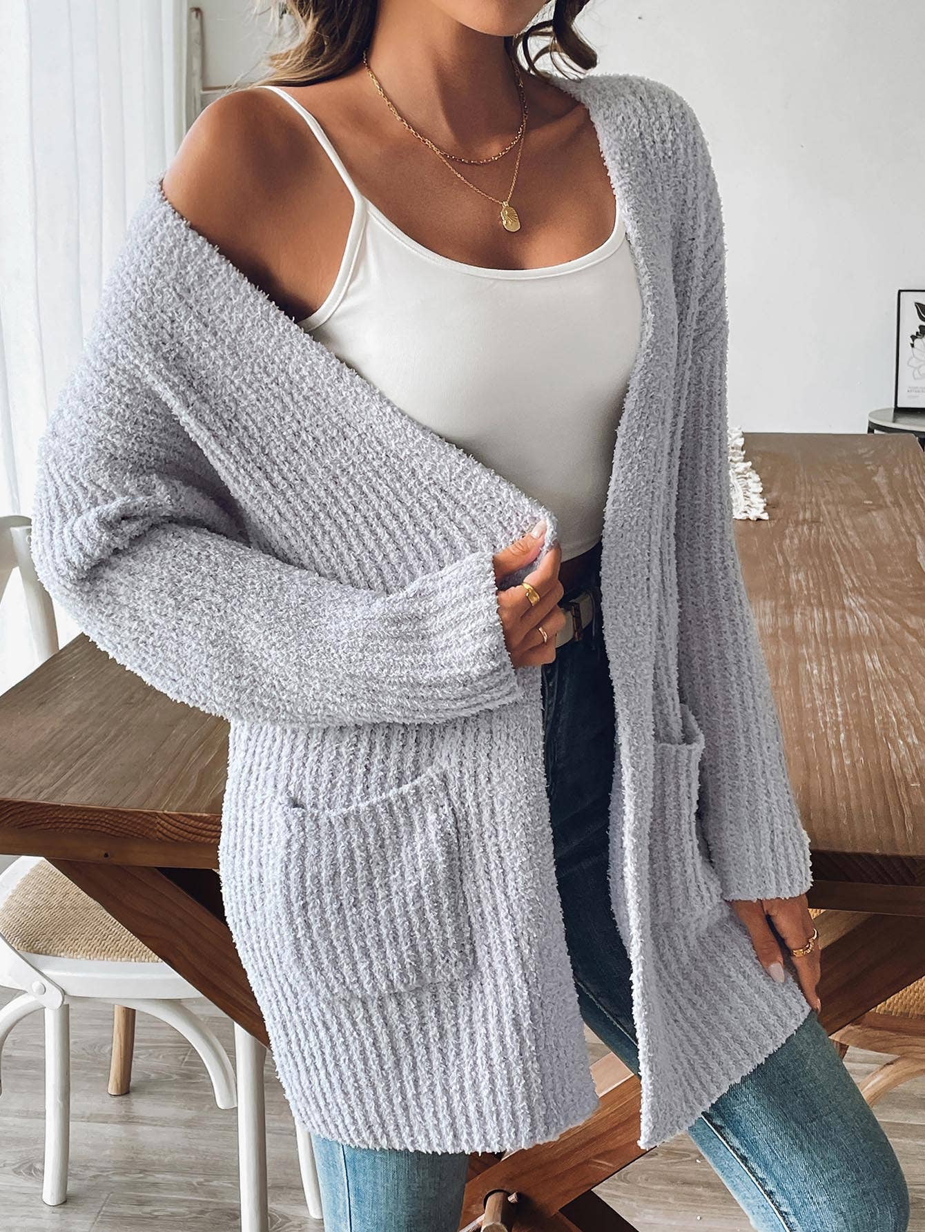 WOVEN SWEATER CASUAL DOUBLE POCKET CARDIGAN
