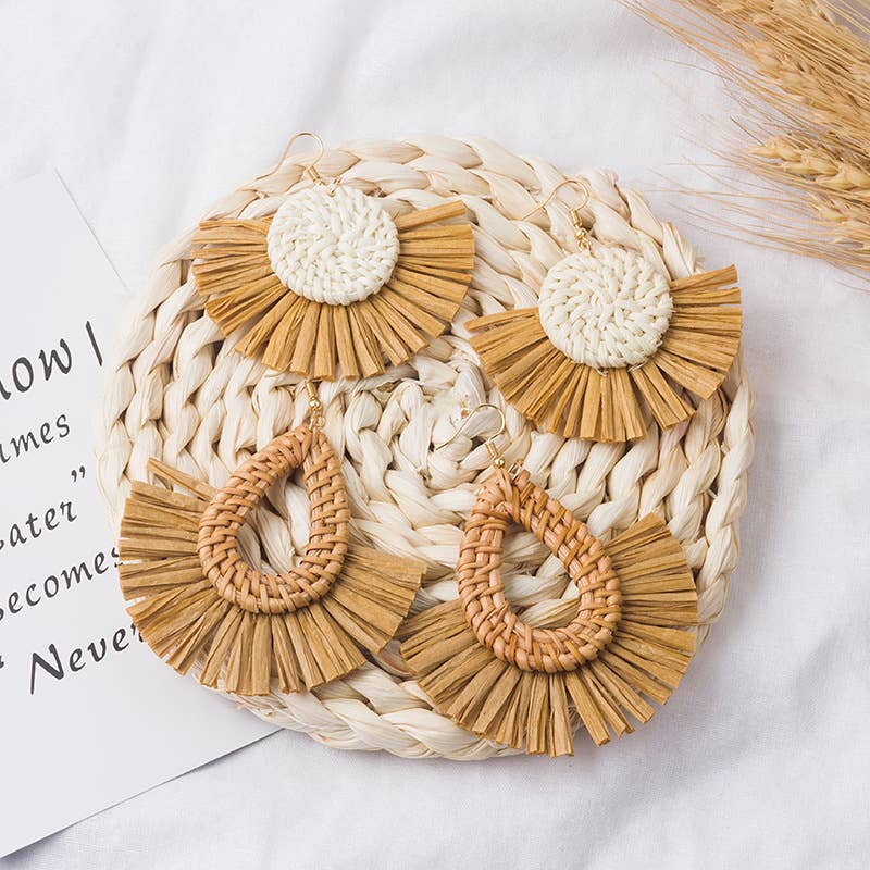 Hand-woven geometric rattan raffia earrings