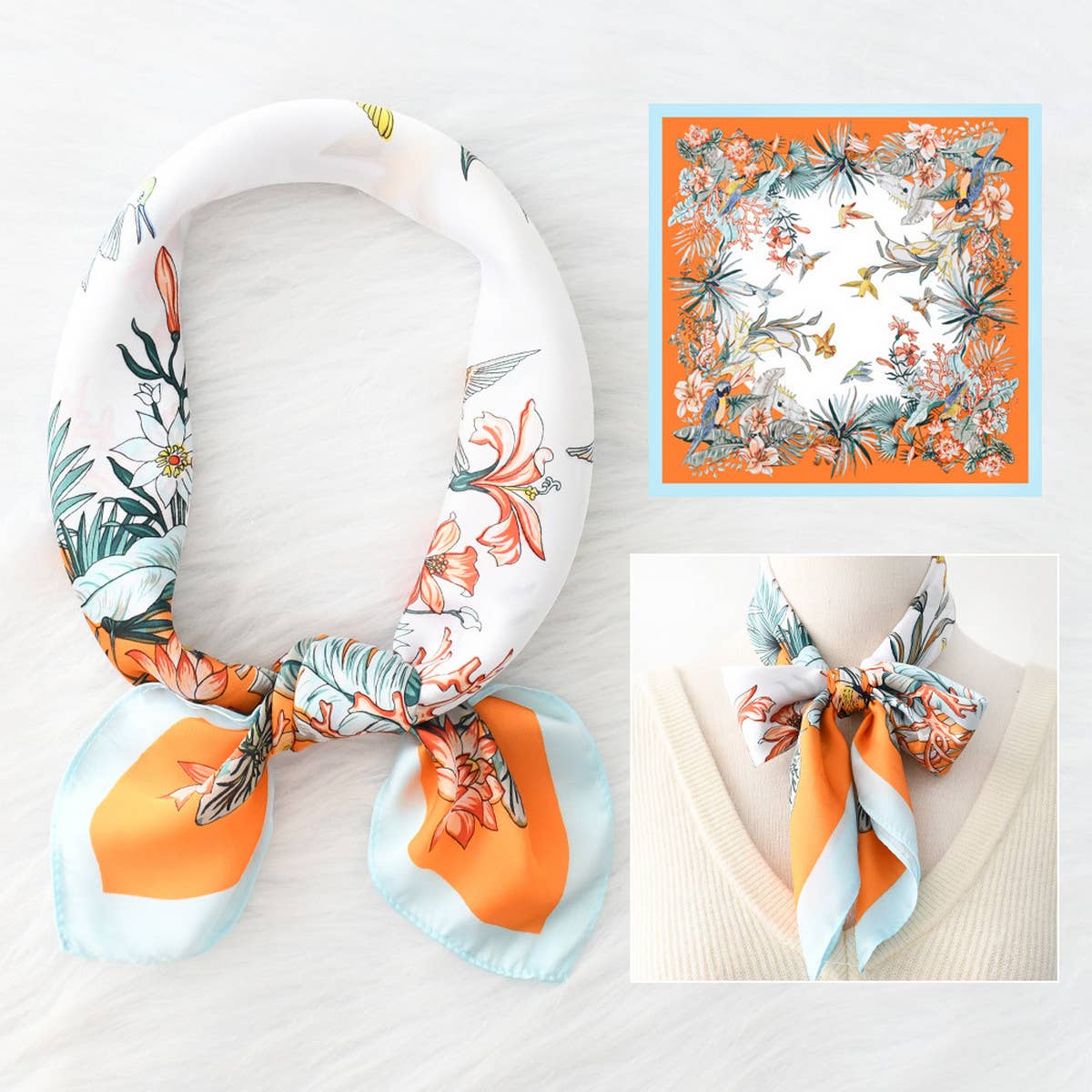 Luxury Style Floral Satin Square Scarf for Summer