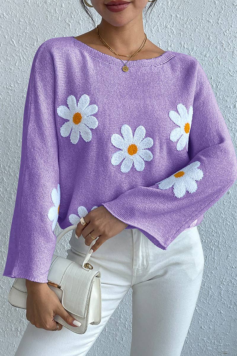 Floral embroidery loose crew neck pullover sweater