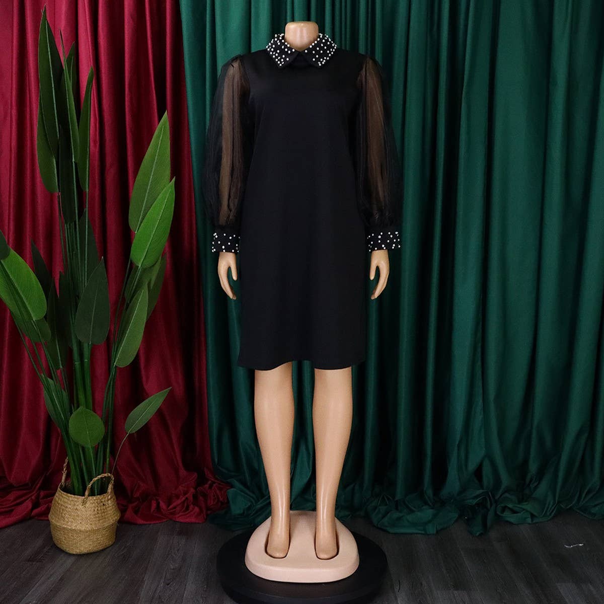 MESH STITCHING BEADED LOOSE PLUS SIZE DRESS