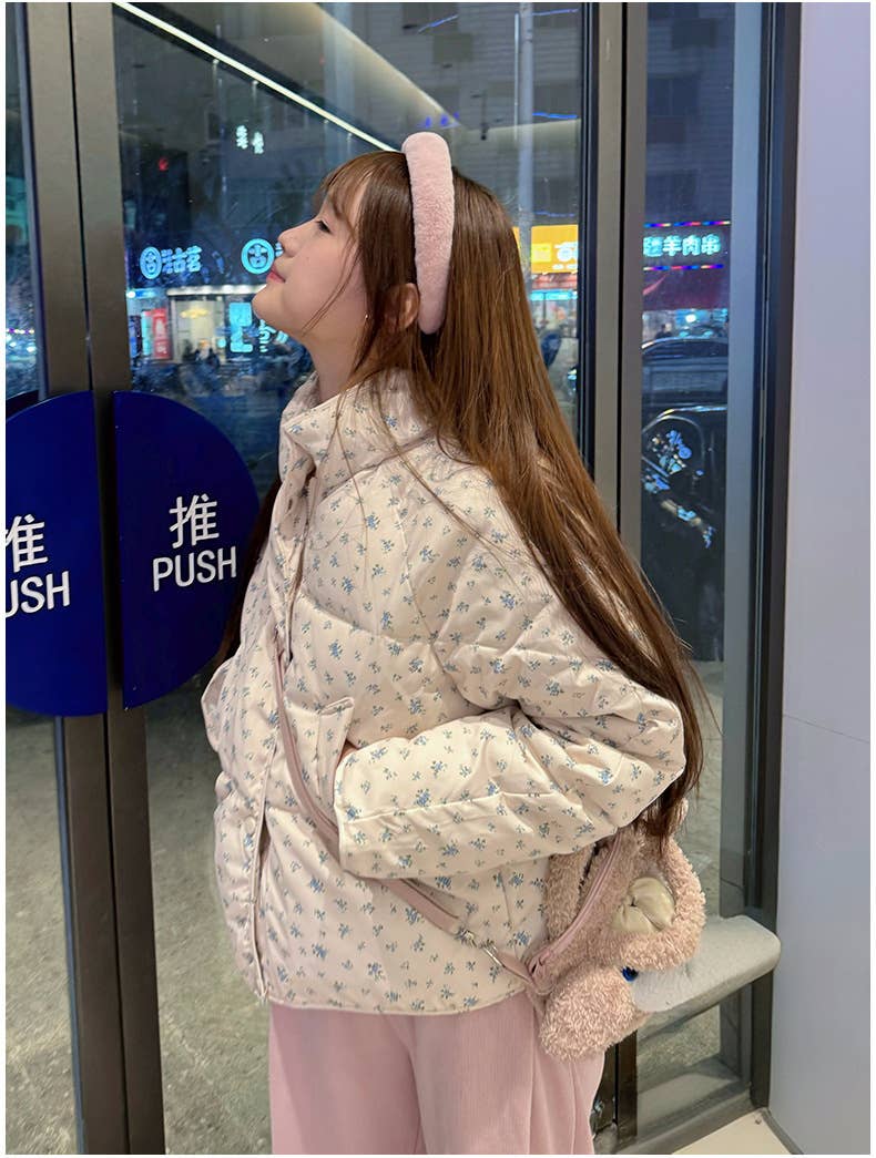 Floral short stand-up collar padded jacket