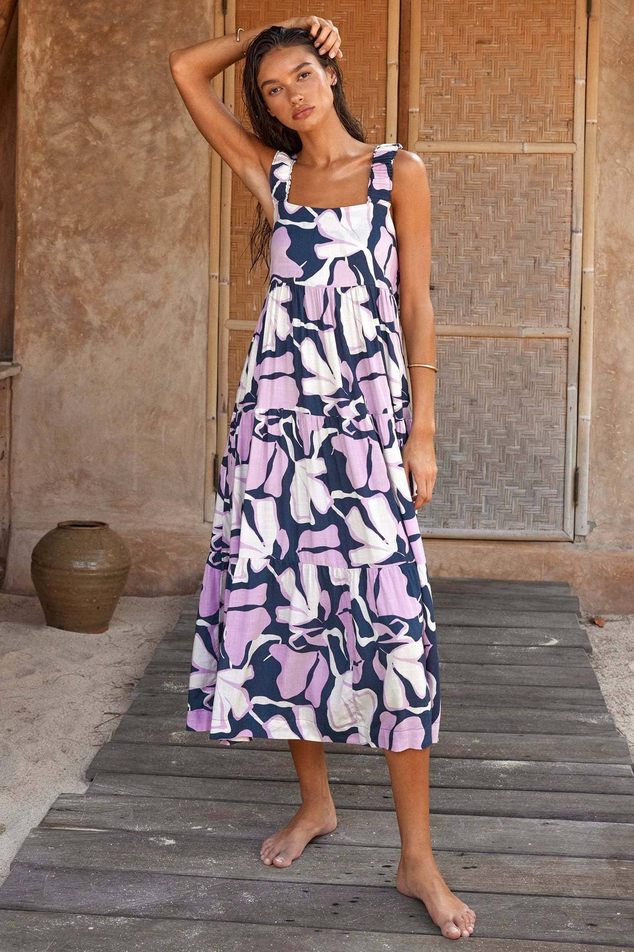 FLORAL PRINT DRESS WITH PLEATED HALTER