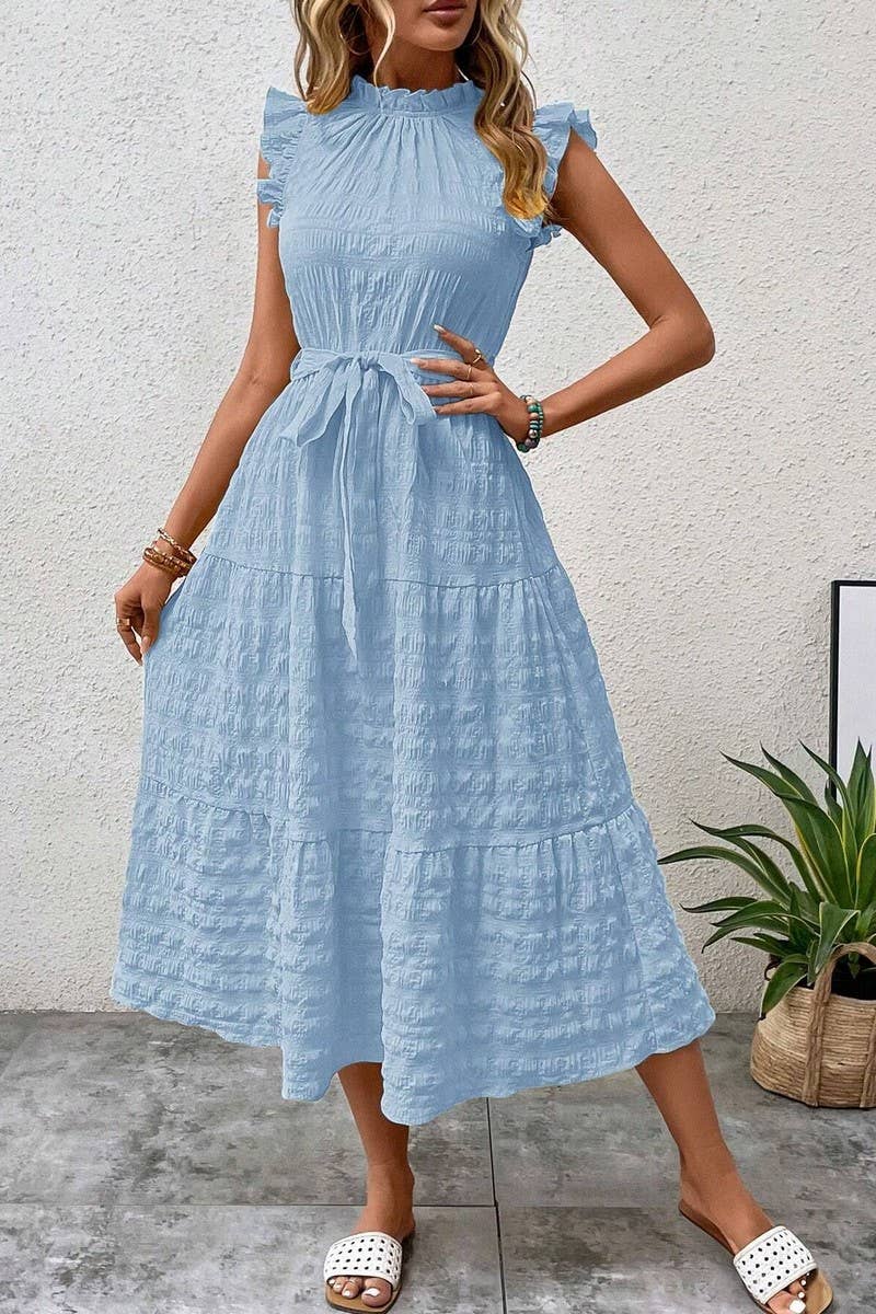 CWDMD4952_SUMMER RUFFLED FLYING SLEEVES TEXTURED DRESS