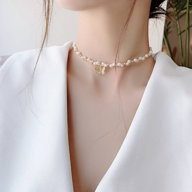 Simple butterfly necklace Baroque pearl bracelet