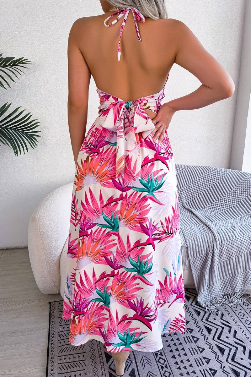 FLORAL SLEEVELESS HALTER DRESS_CWDMD1157