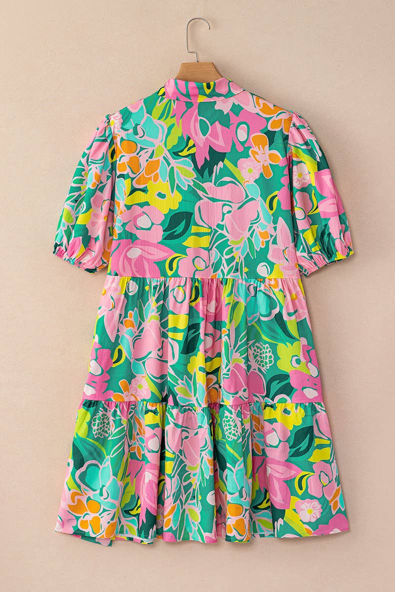 Floral printed puffed-sleeve loose short dress