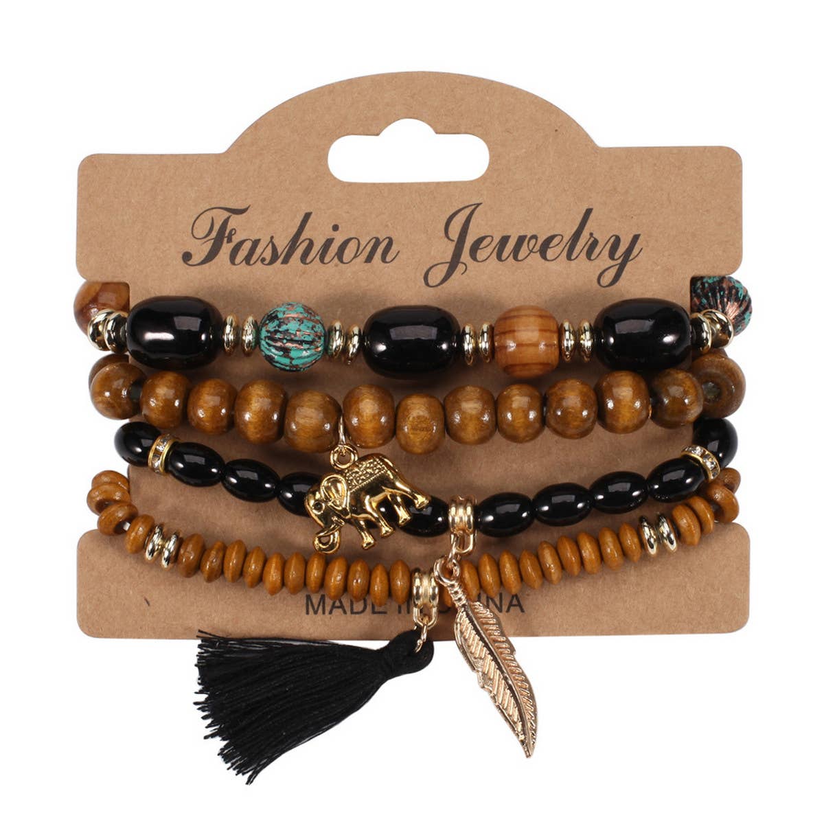 LEAF ELEPHANT TASSEL PENDANT WOODEN BEAD BRACELET_CWAJE2221
