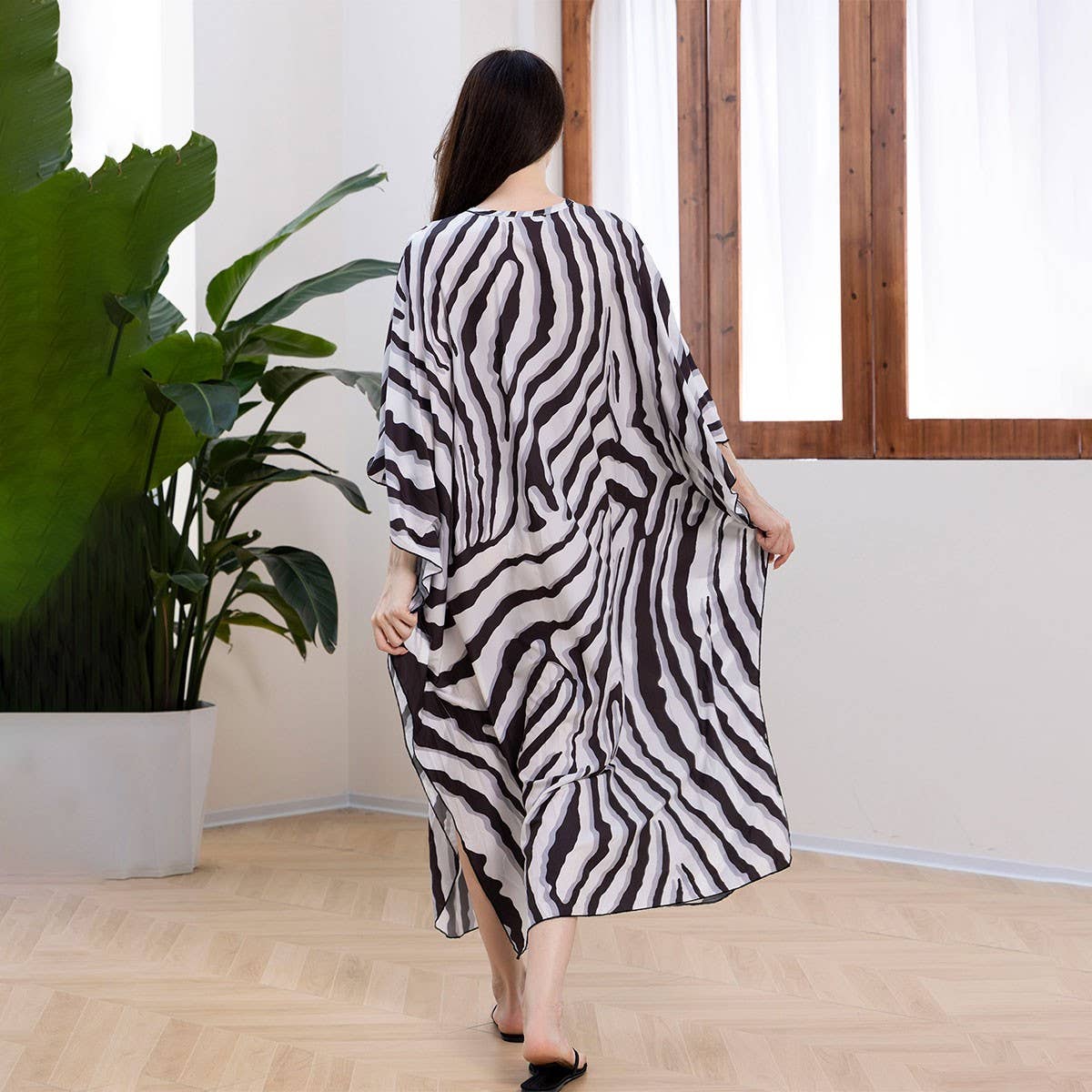 Zebra Knit Front Beach Cover-Up Maxi Dress_CWMM6206
