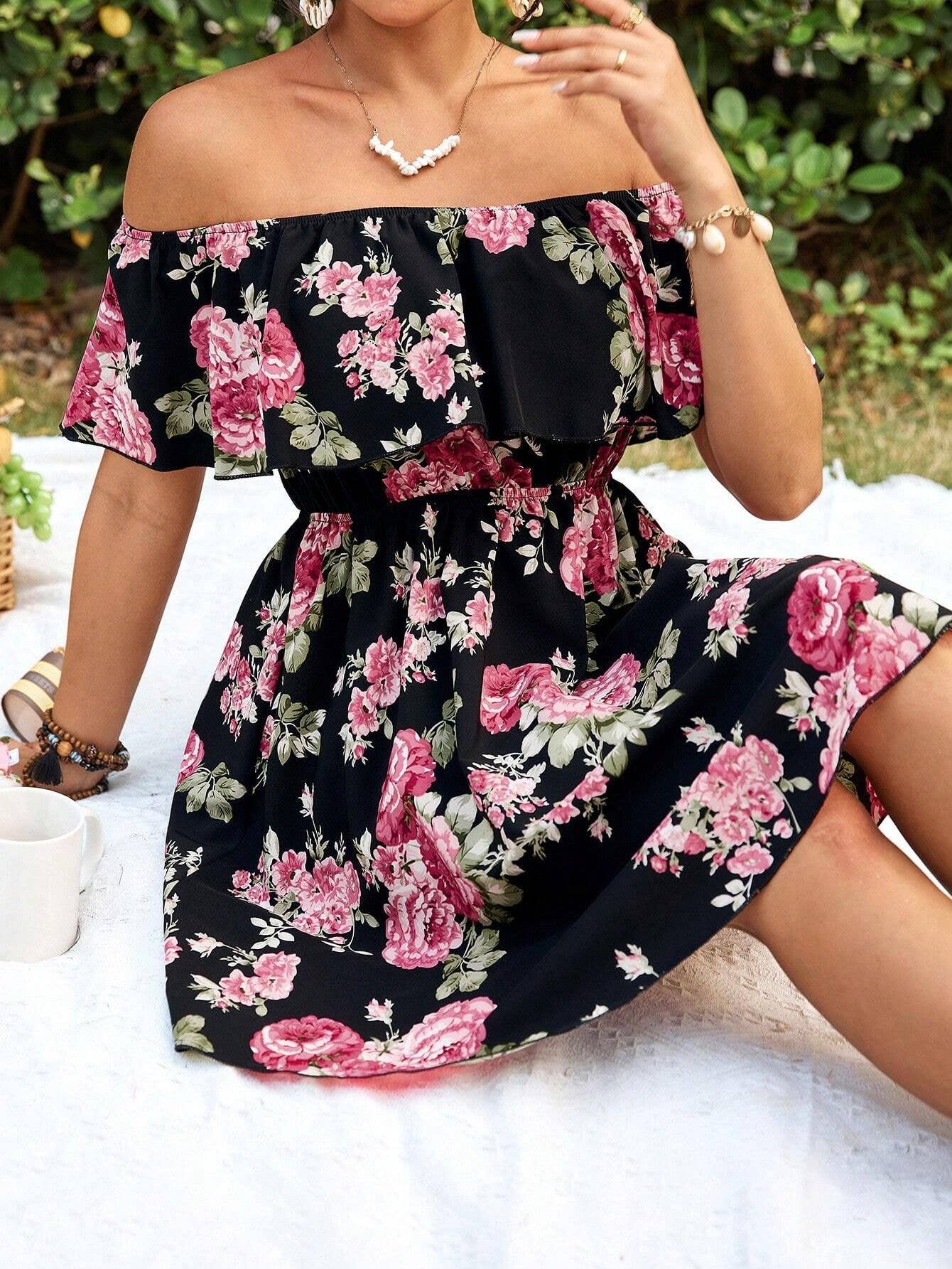 Floral printed off-the-shoulder dress