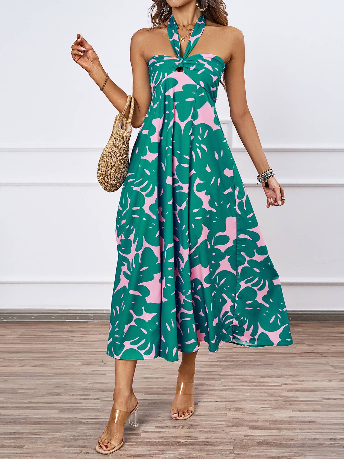 FLORAL PRINT HOLLOWED LACE HALTER LONG DRESS