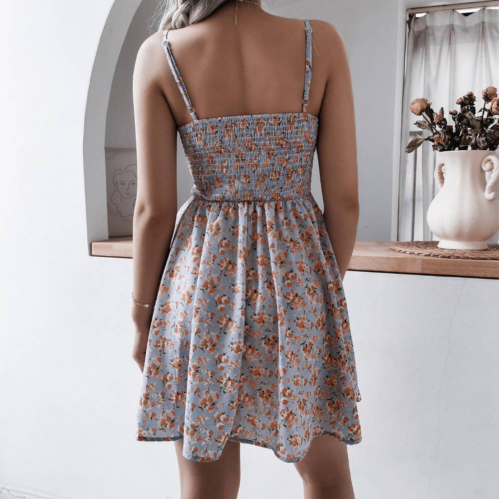 Floral pleated chiffon dress with V-neck halter