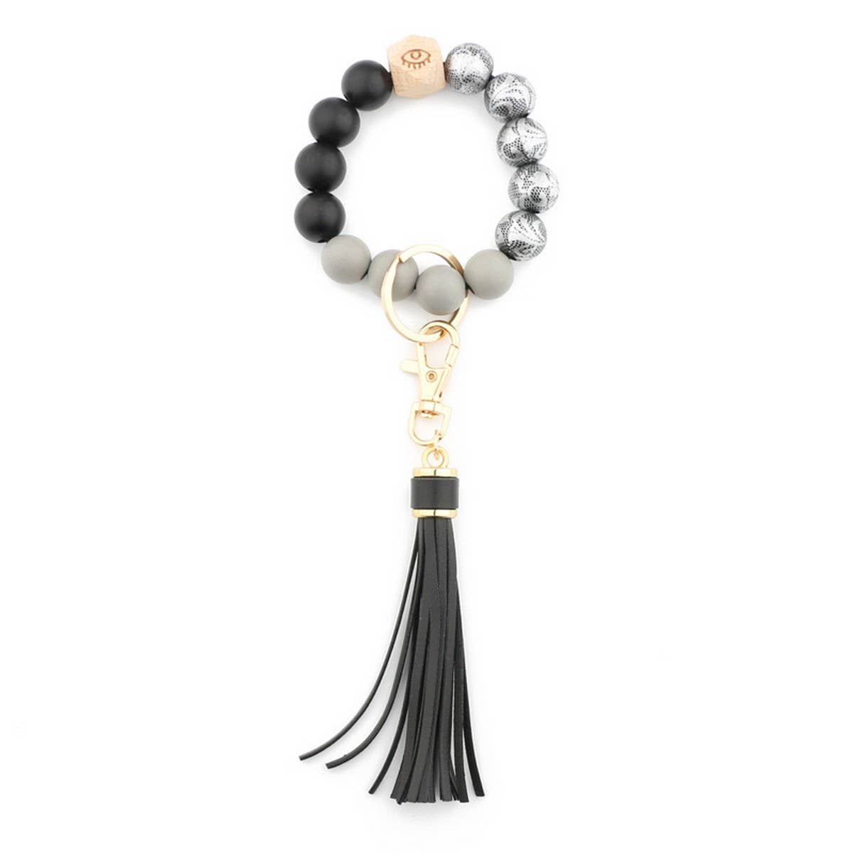 Printed Wood Bead Bracelet Keychain with Tassel_CWMM7025