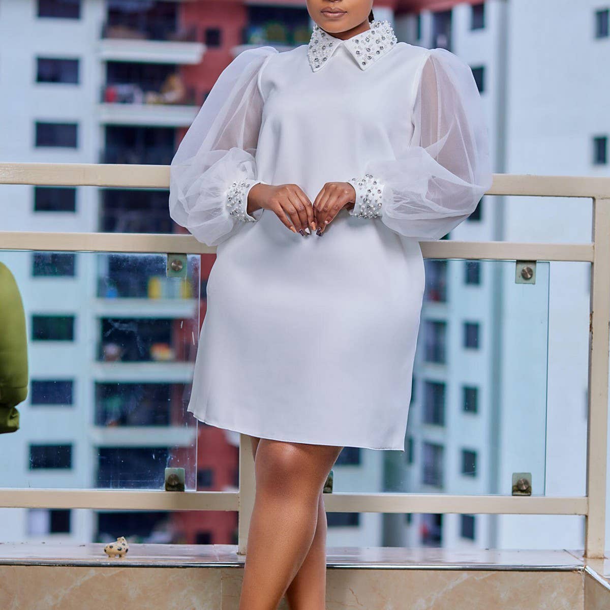 MESH STITCHING BEADED LOOSE PLUS SIZE DRESS
