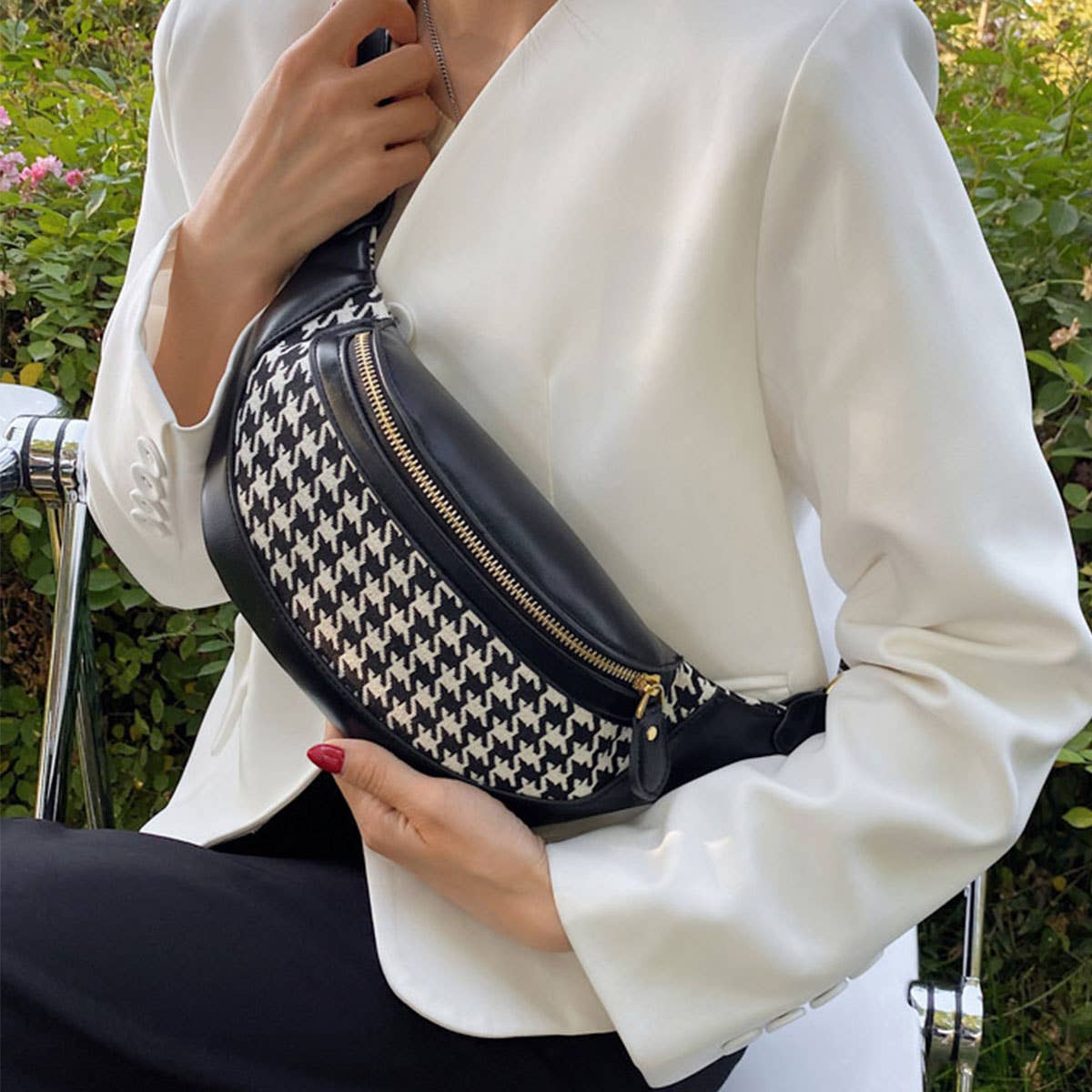 HOUNDSTOOTH FANNY BELT BAG,CROSSBODY BAG_CWAB0915