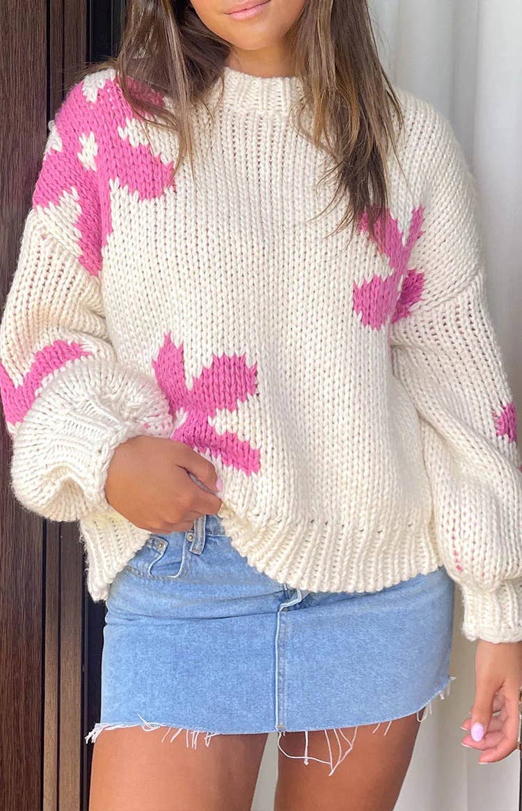 FLORAL PRINT TOP CREW NECK IN CONTRASTING COLORS