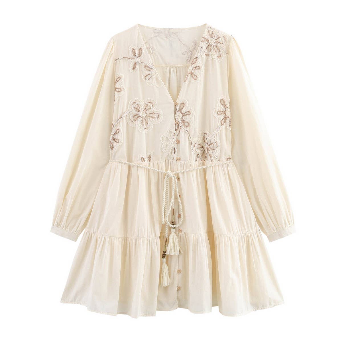 Floral Embroidery MiniDress with Drawstring Cutout