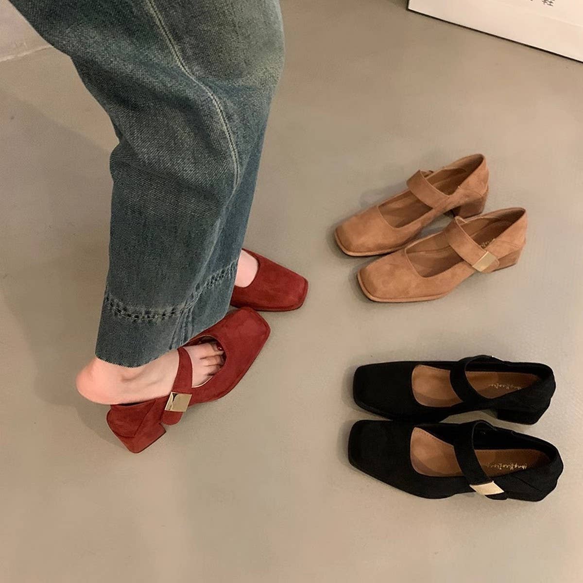 Red Block Heel Square Toe Mary Jane Shoes_CWSHF0110