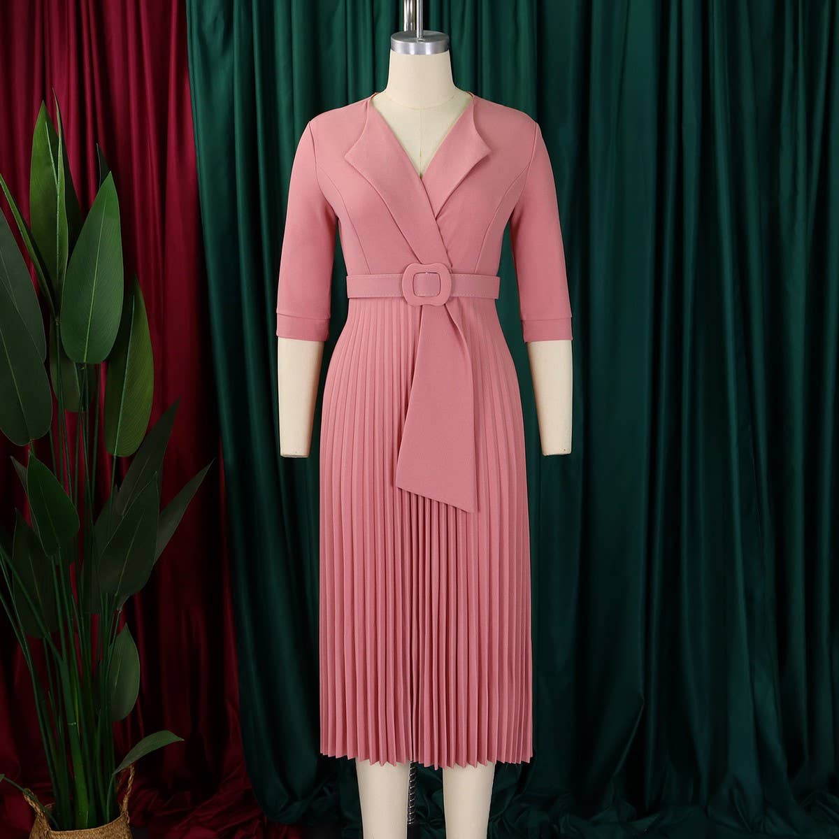 FASHION SUIT COLLAR PLEATED WAIST PLUS SIZE DRESS_CWDMD3653