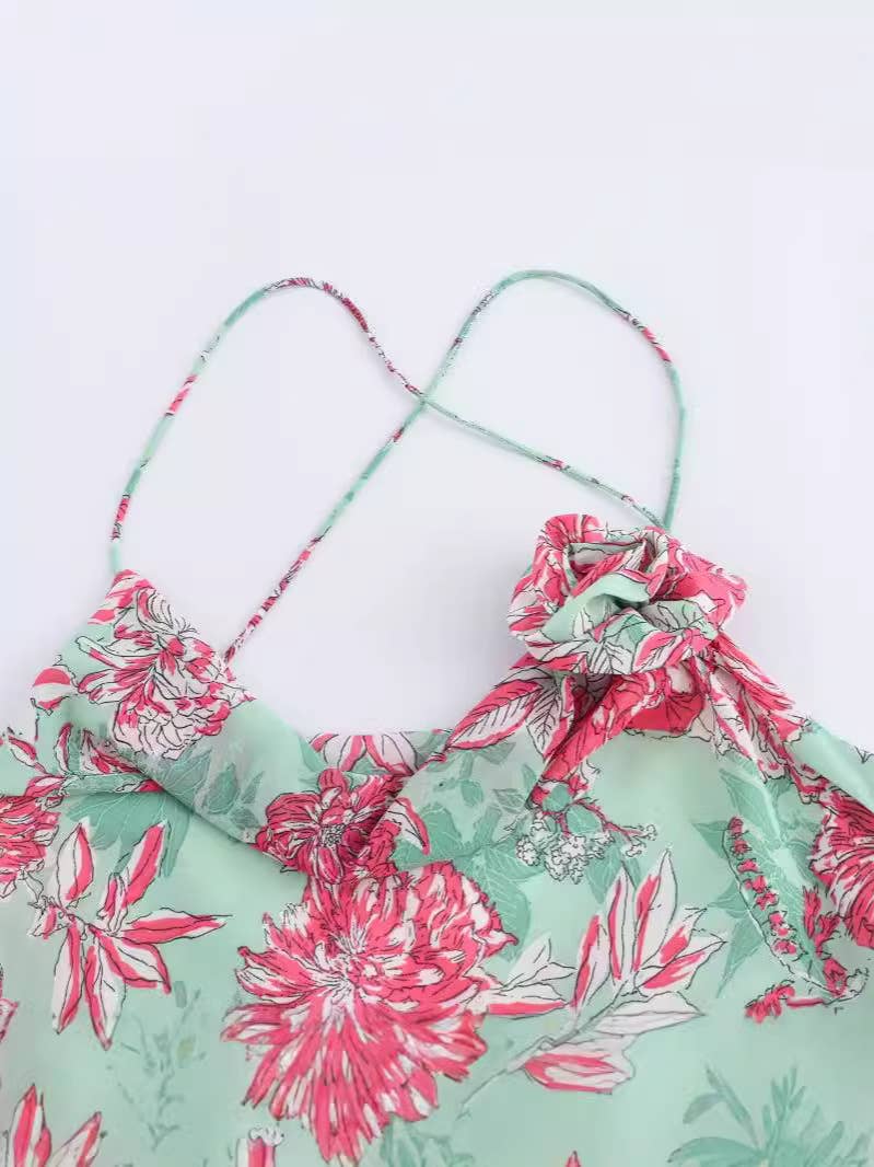 FLORAL PRINT HALTER HALTER DRESS WITH SWING COLLAR