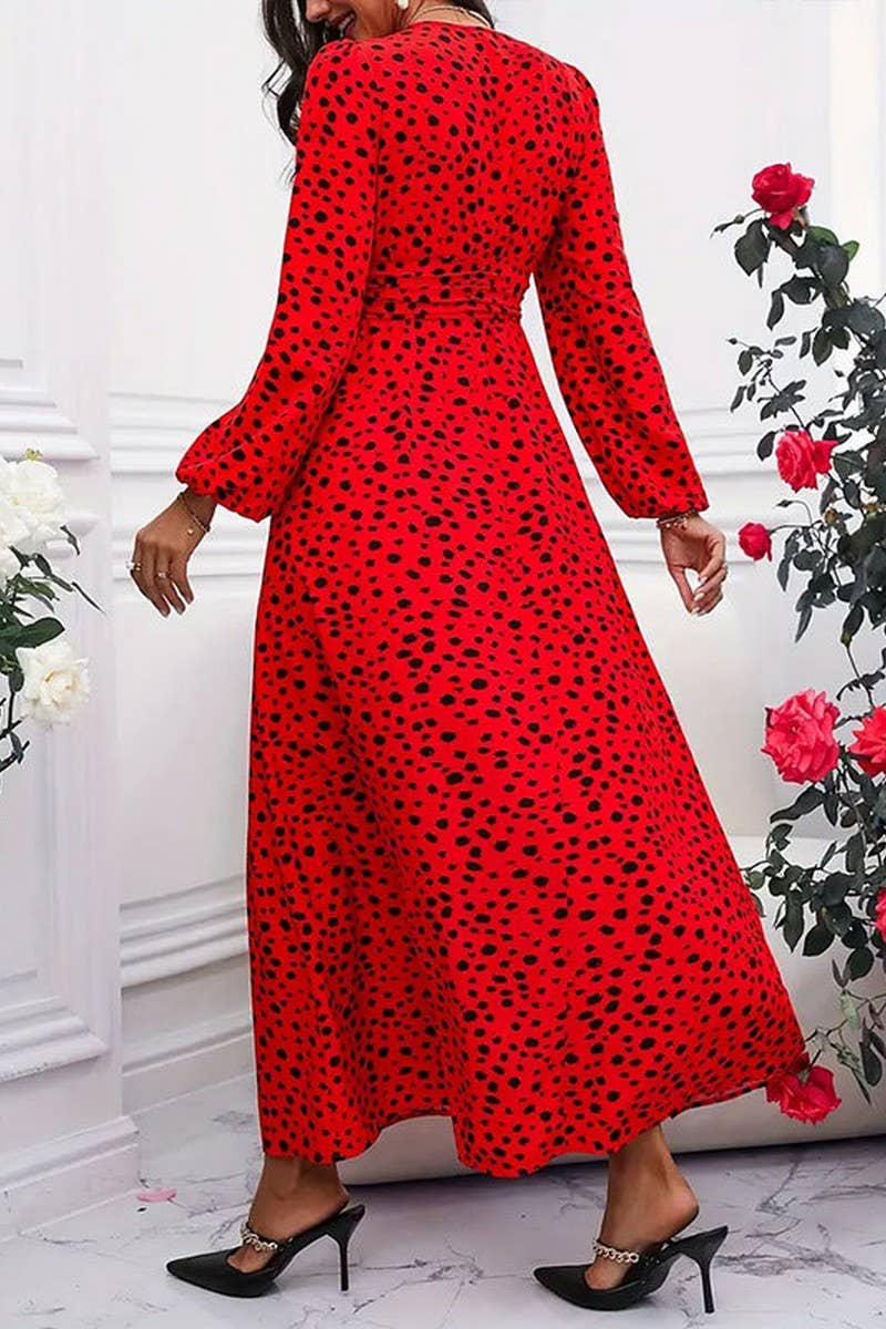 CWDMD5067_V-NECK WAIST POLKA DOT PLEATED LONG SLEEVE DRESS