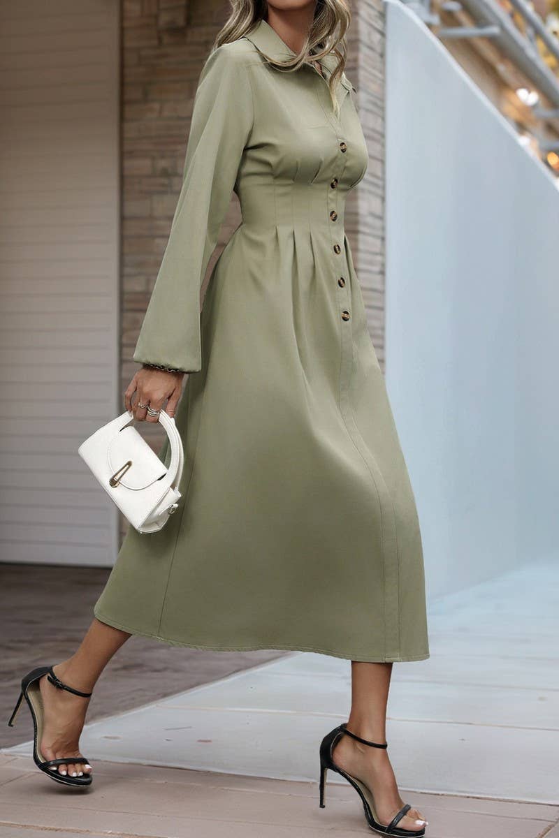CWDMD4803_AUTUMN COMMUTER LAPEL WAIST BUTTON SHIRT DRESS