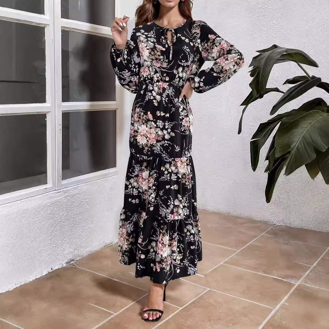 FLORAL PRINT BIG SWING FASHION SLIM LONG DRESS