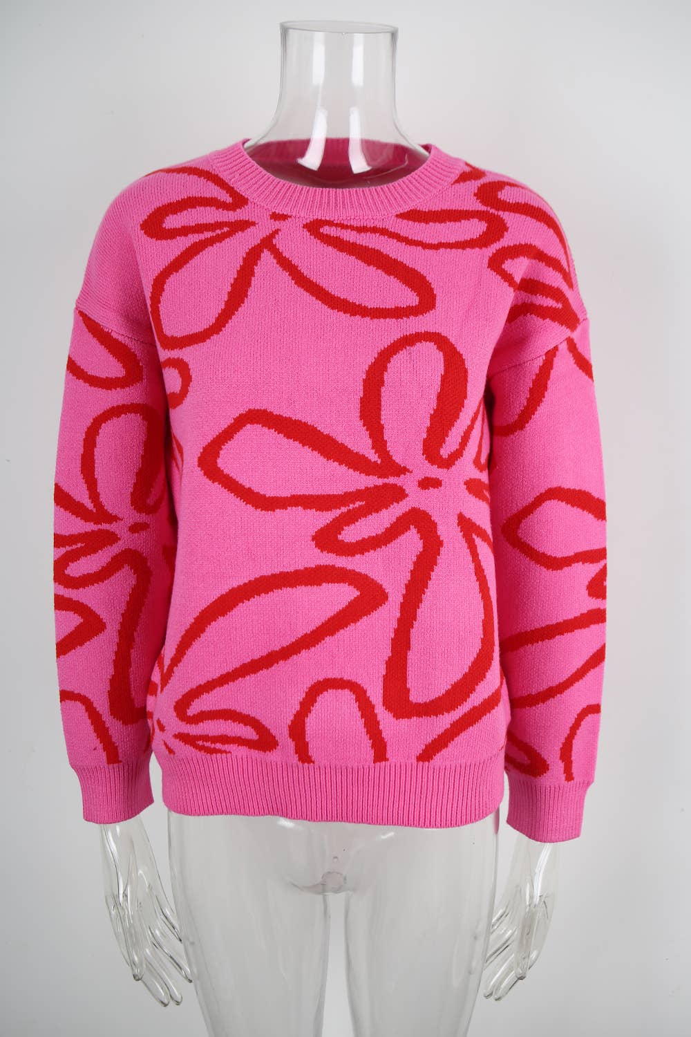 Flower-contrasting color loose knitted sweater