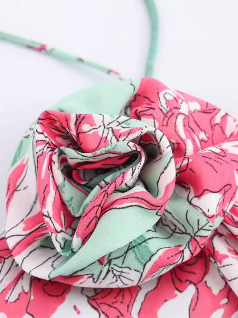 FLORAL PRINT HALTER HALTER DRESS WITH SWING COLLAR
