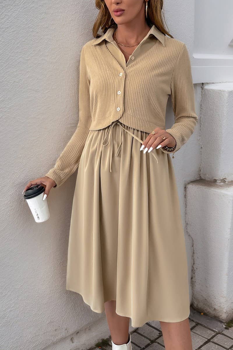 CWDMD4820_SOLID COLOR LAPEL LONG SLEEVE FAKE TWO PIECE DRESS