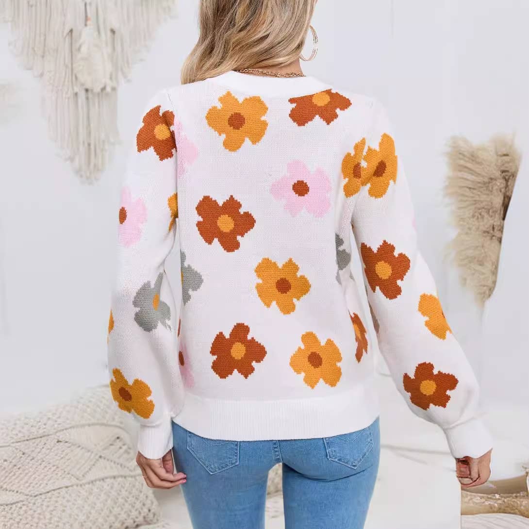 FLORAL PRINT WARM THREAD LONG SLEEVE SWEATER