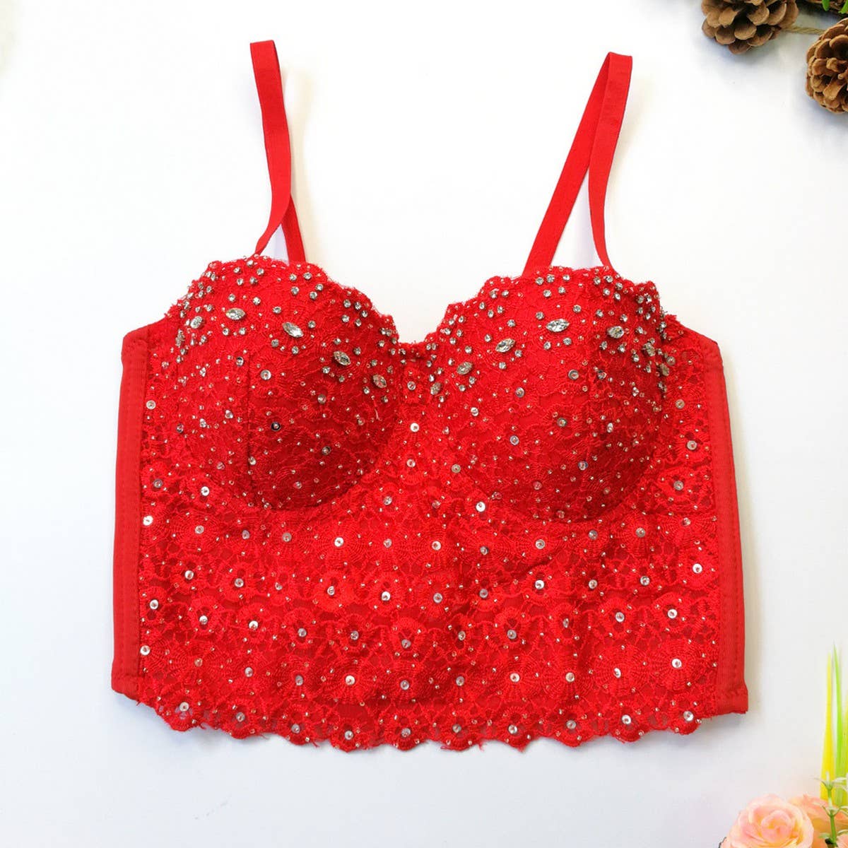 LACE SUSPENDER DIAMOND BEADED HERRINGBONE BRA