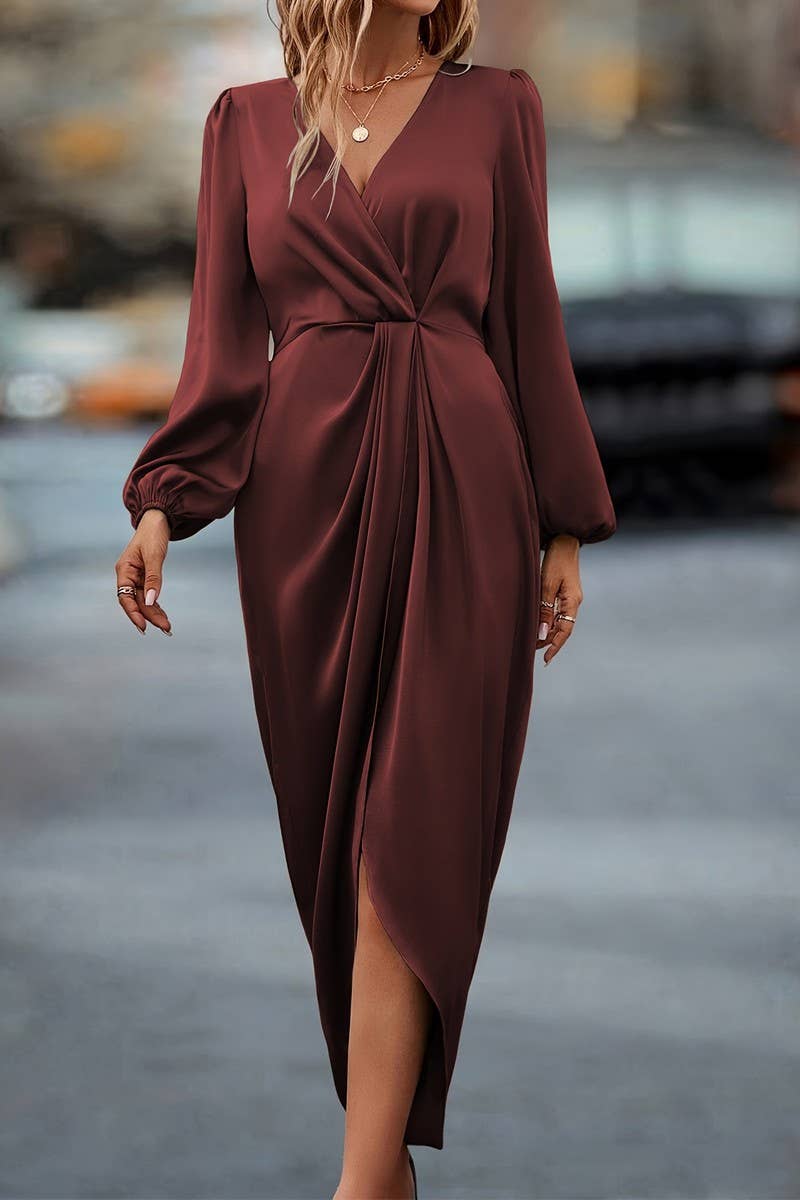 CWDMD4875_CROSS NECK SLIT PUFF SLEEVE IRREGULAR DRESS
