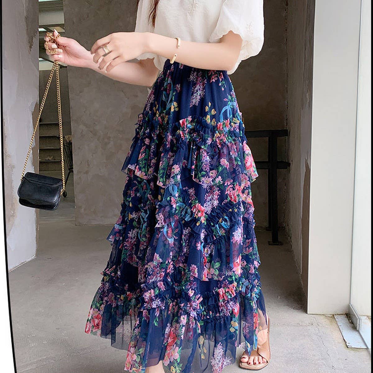 COLORFUL FLORAL MESH PRINT PLEATED TULLE SKIRT