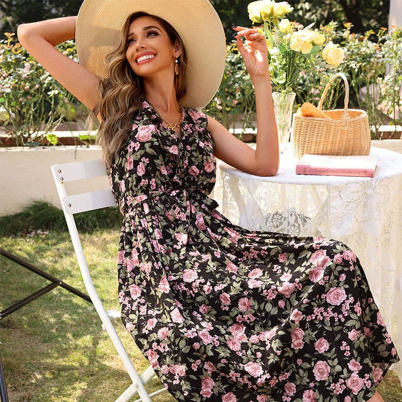 FLORAL PRINT LONG SLEEVELESS DRESS WITH RUFFLES