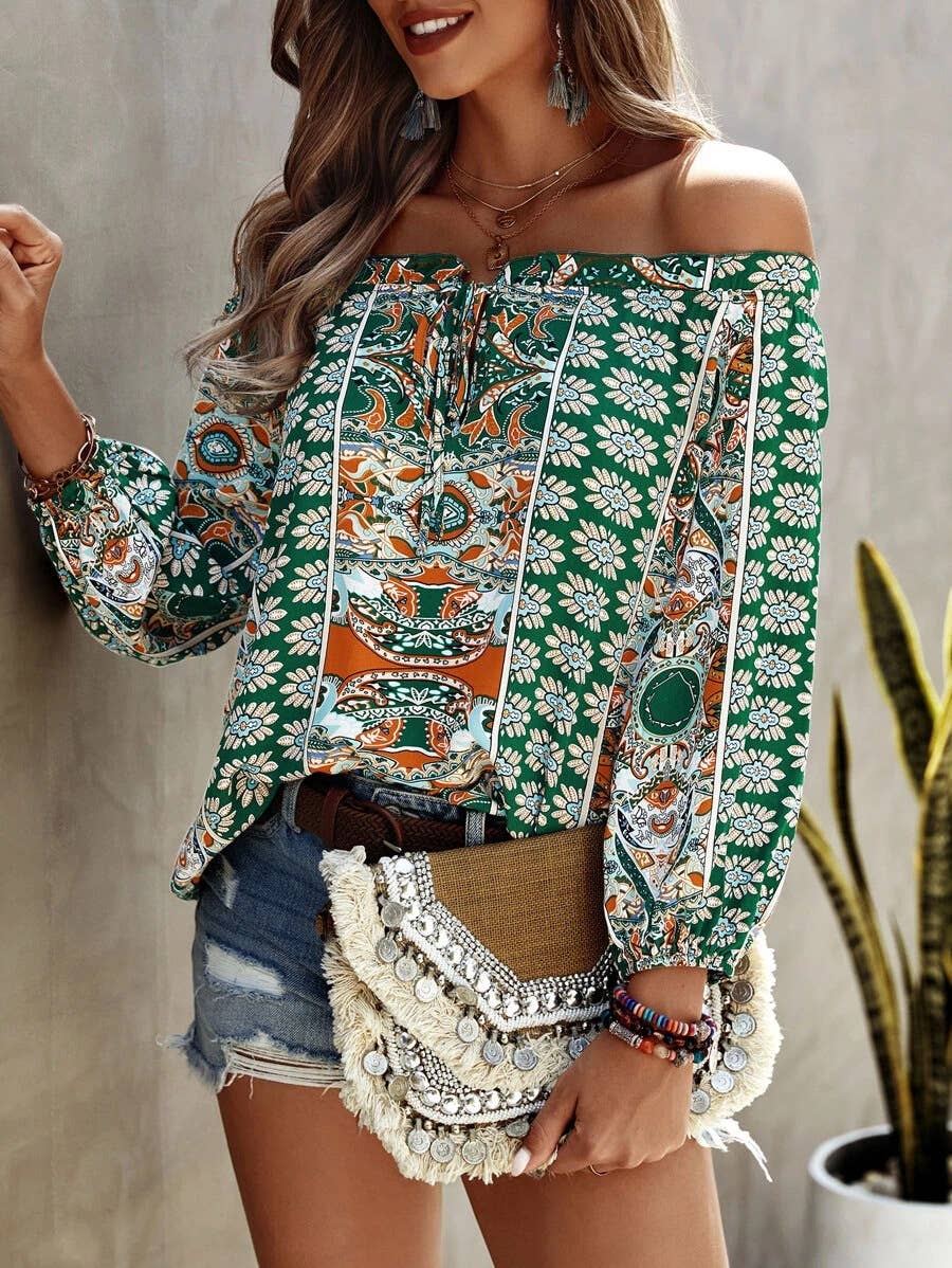 FLORAL PRINT OFF-THE-SHOULDER RUFFLED KNOT SHIRT