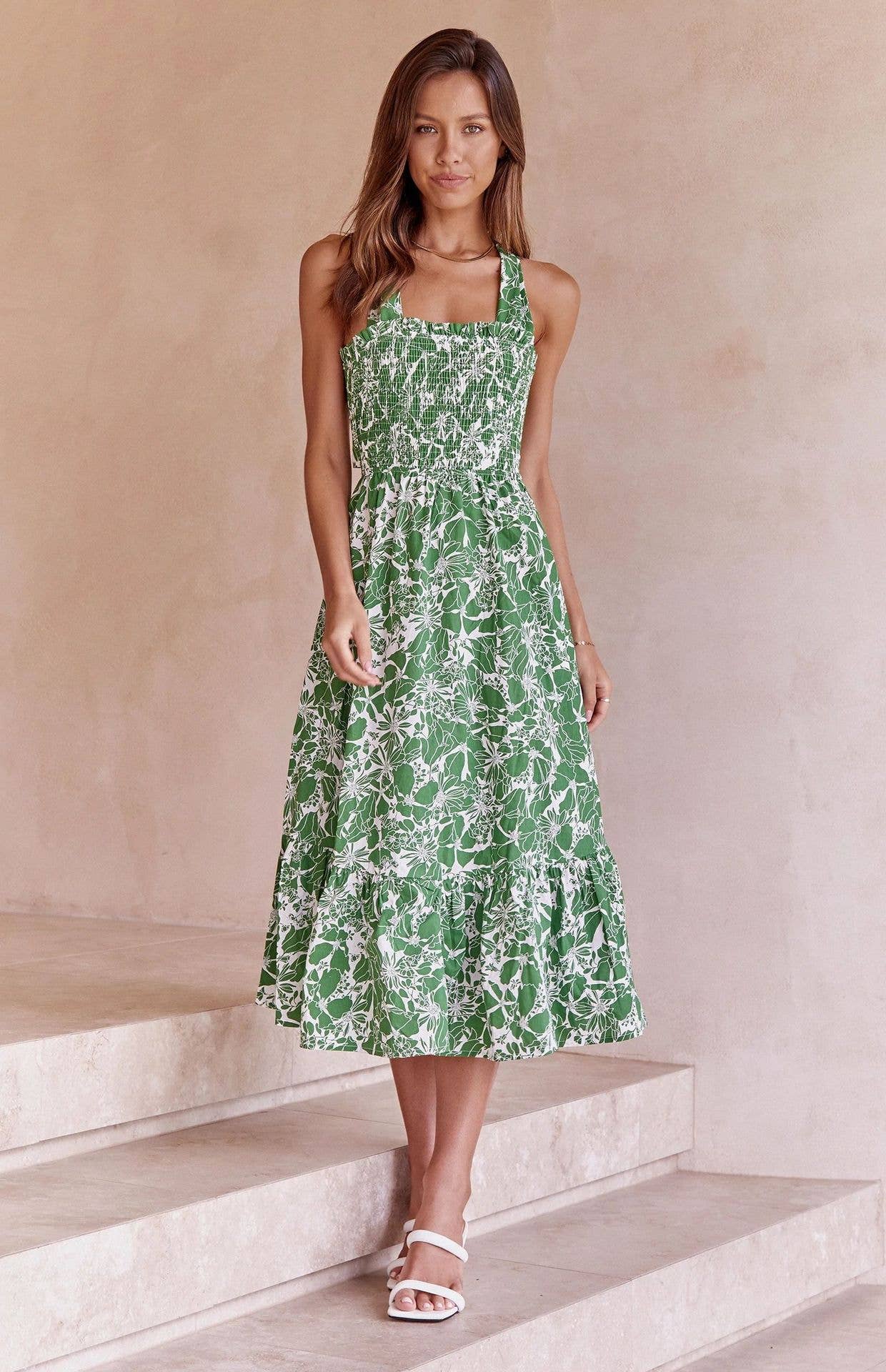 Floral spaghetti-strap backless dress