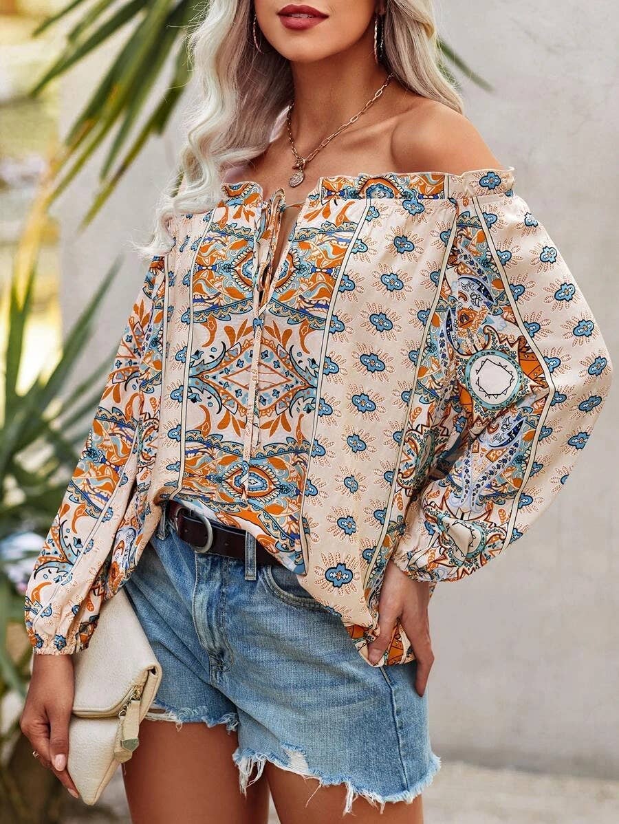 FLORAL PRINT OFF-THE-SHOULDER RUFFLED KNOT SHIRT