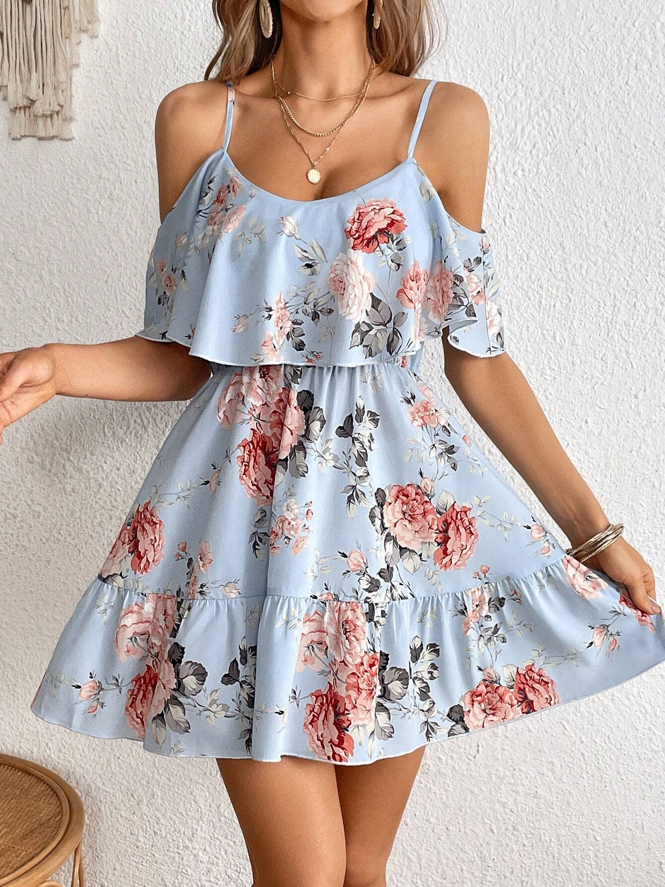 FLORAL WAISTLINE DRESS WITH RUFFLES