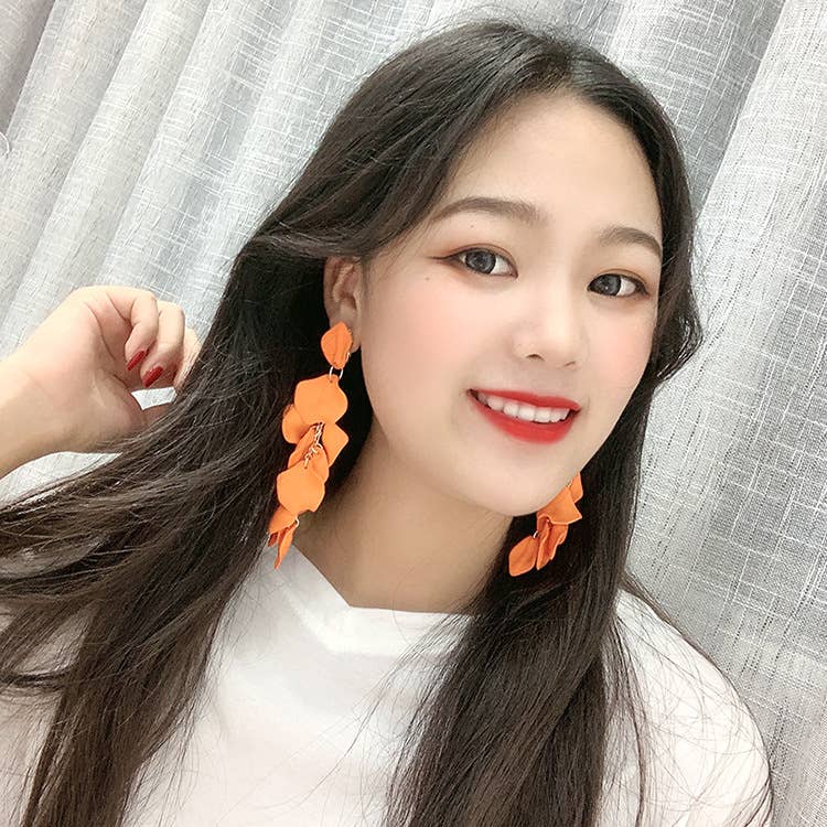 S925 Silver needle sexy rose petal long earrings