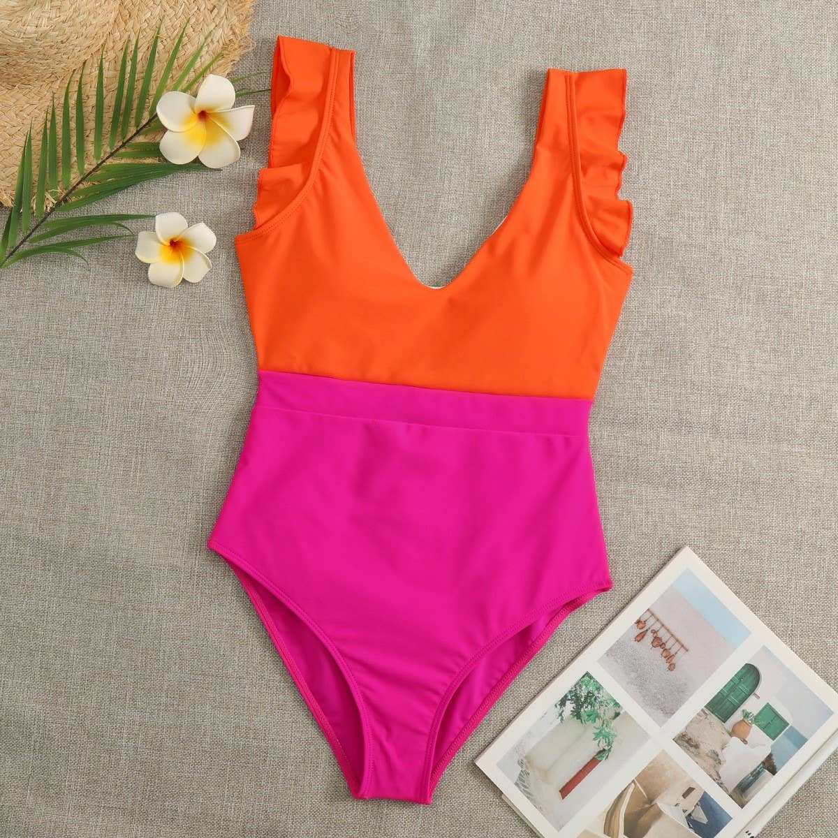 WOMEN'S SEXY DEEP V SWIMSUIT WITH RUFFLED EDGES
