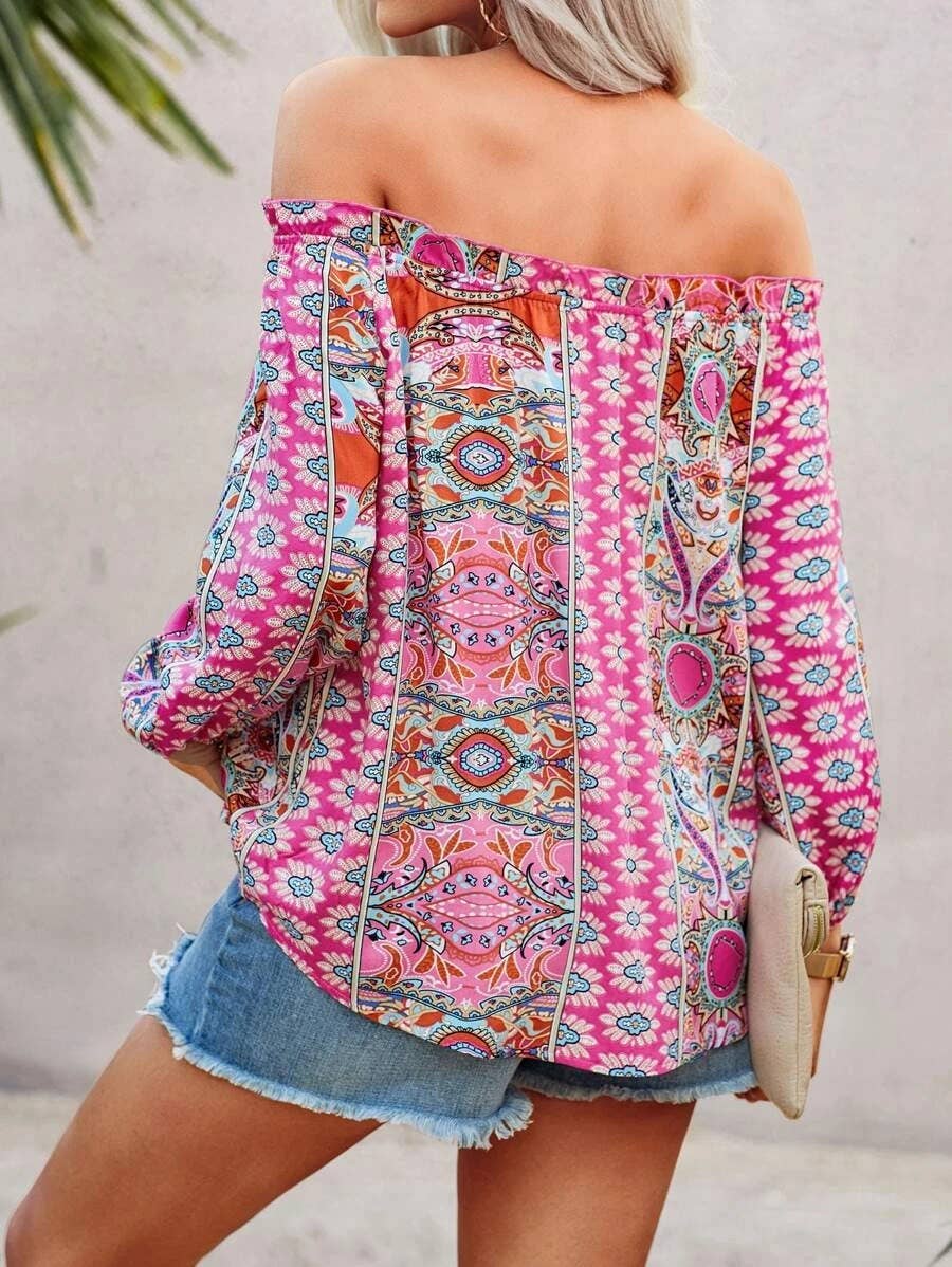 FLORAL PRINT OFF-THE-SHOULDER RUFFLED KNOT SHIRT