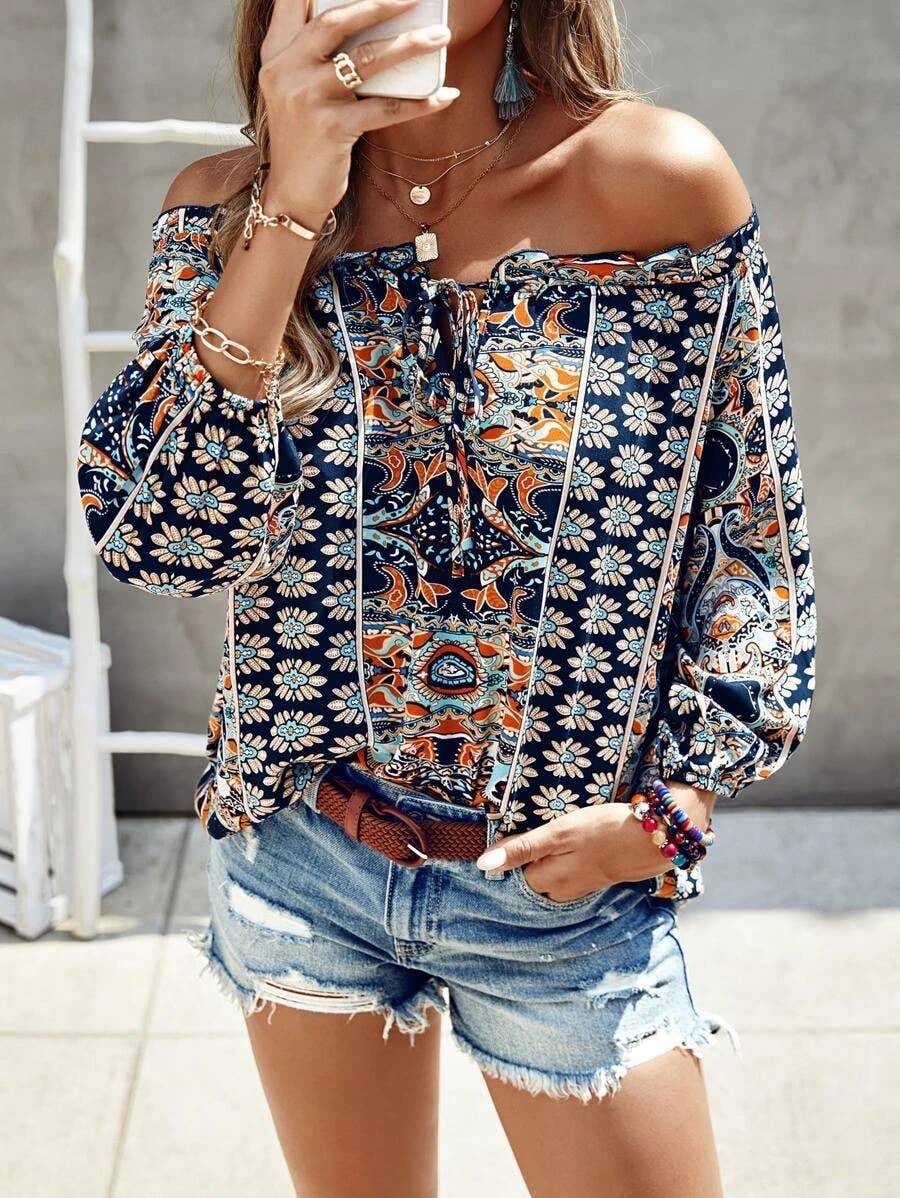 FLORAL PRINT OFF-THE-SHOULDER RUFFLED KNOT SHIRT