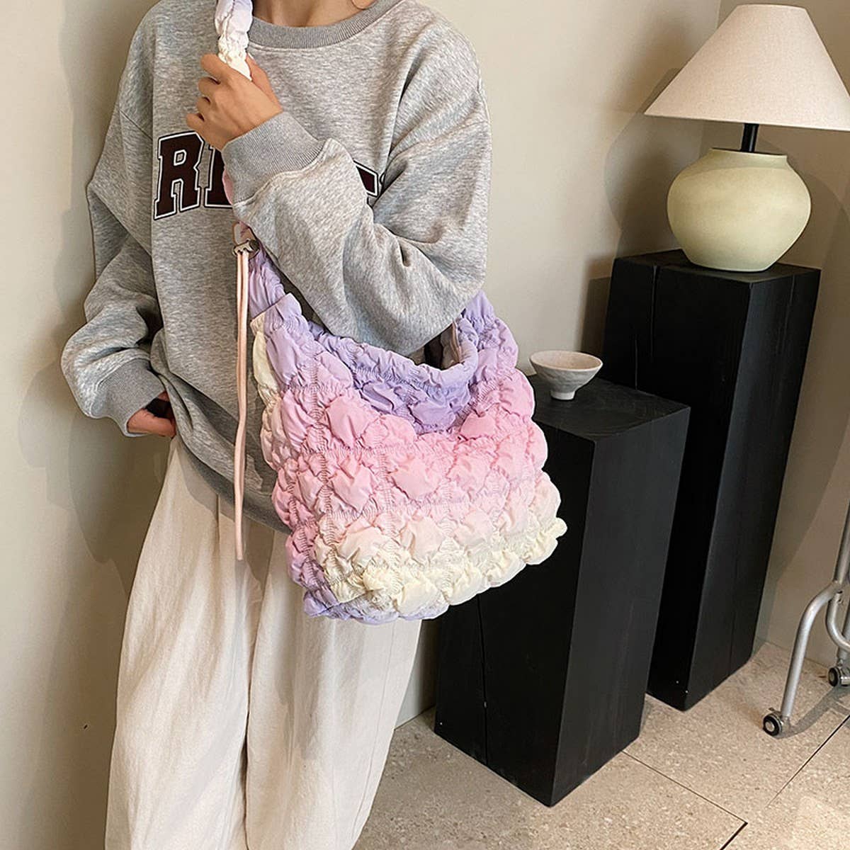 Pink Ombre Puffy Tote Bag Quilted Handbag_CUAB00520