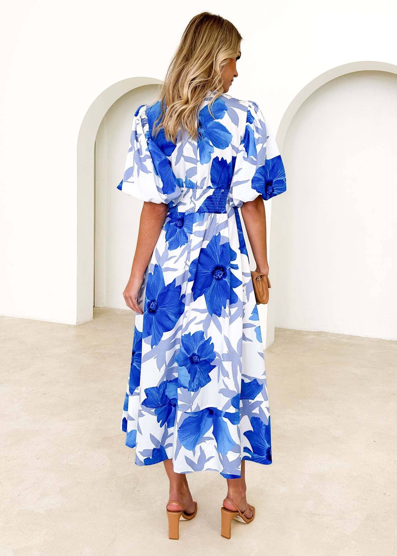 Floral printe puffed sleeve A-line elegant dress