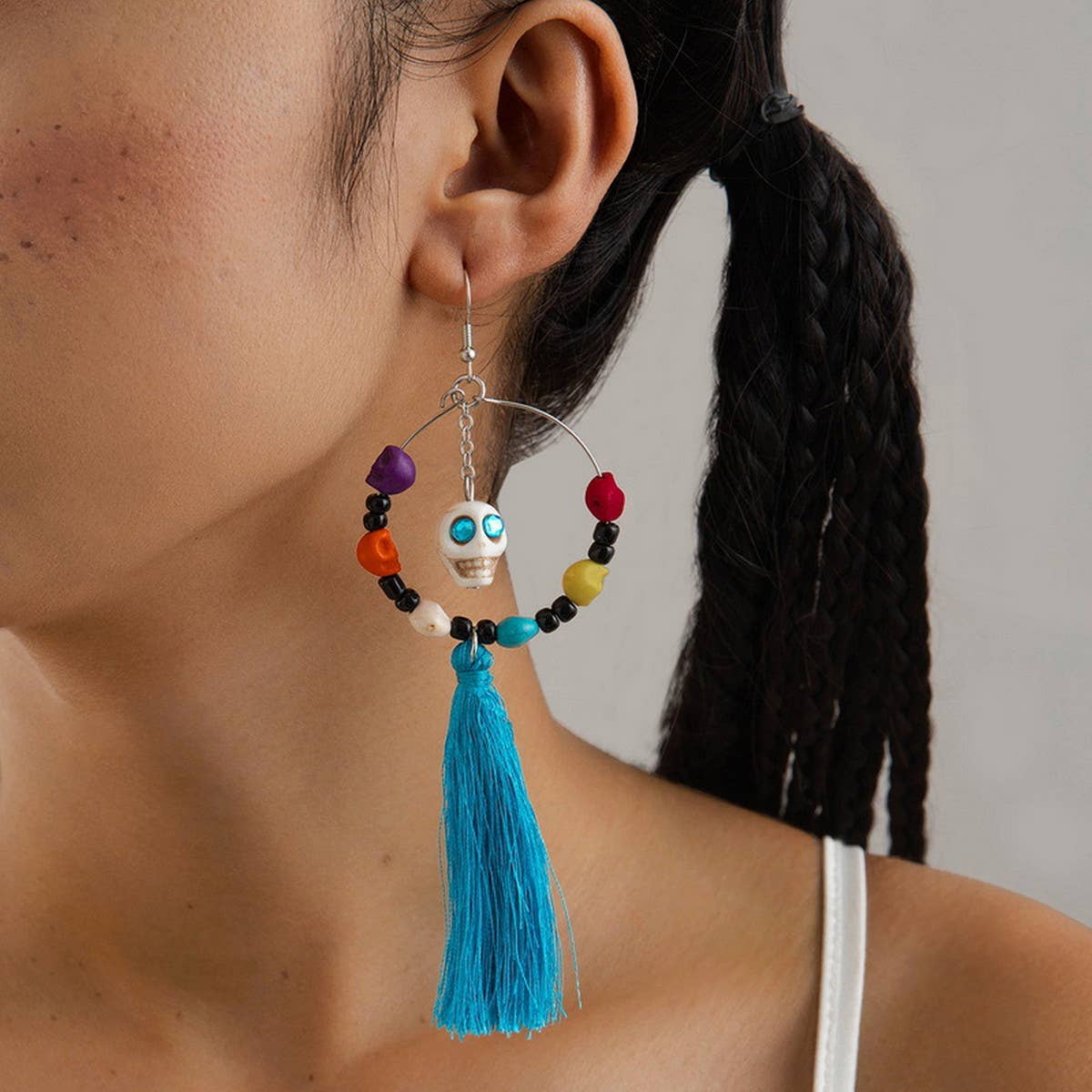 HALLOWEEN SKULL TASSEL RICE BEAD EARRINGS