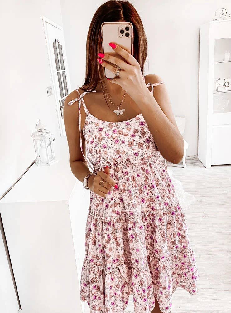 Floral print commuter shoulder lace-up dress