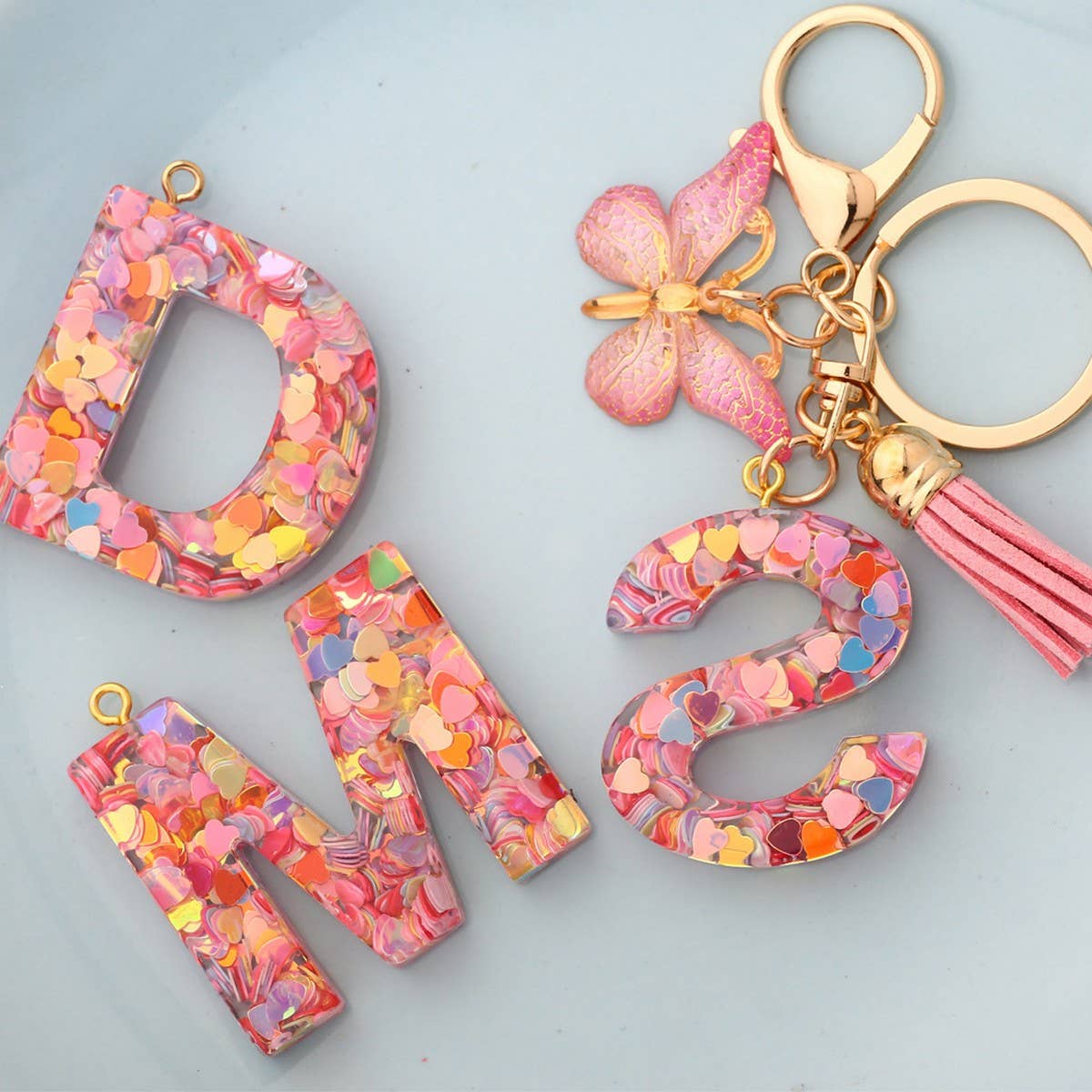 Glitter Resin Letter Butterfly Keychain